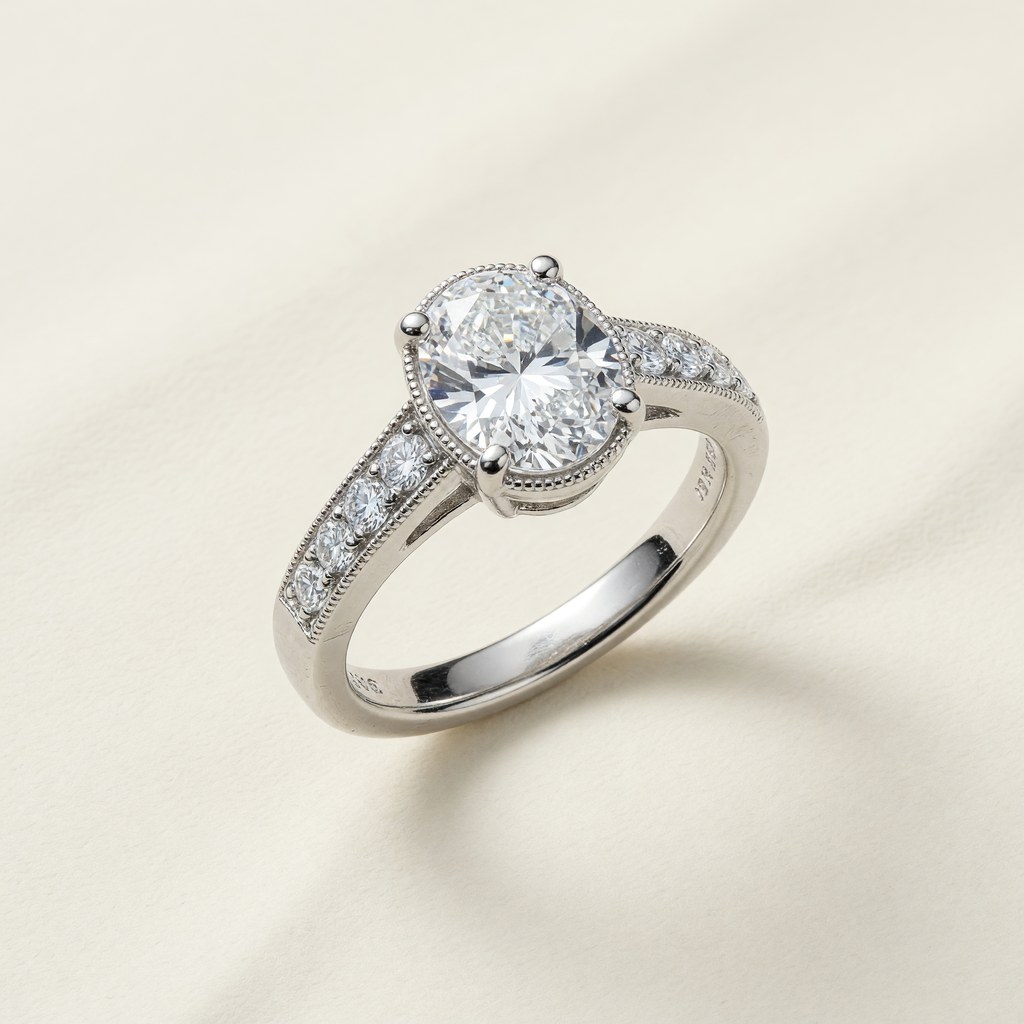 Professional fine jewelry product photography: change to white gold. Single ring or jewelry piece on seamless ivory crea