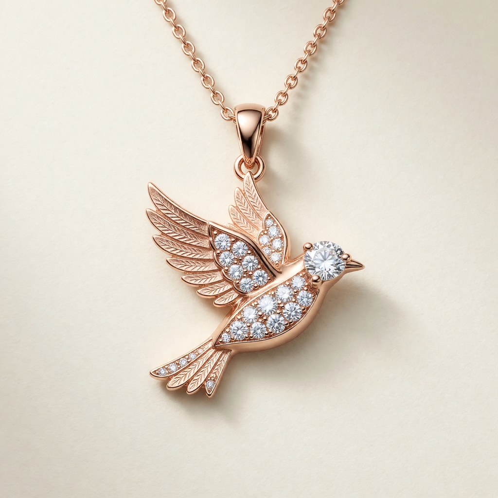 Professional fine jewelry product photography: diamond bird pendy. Single ring or jewelry piece on seamless ivory cream